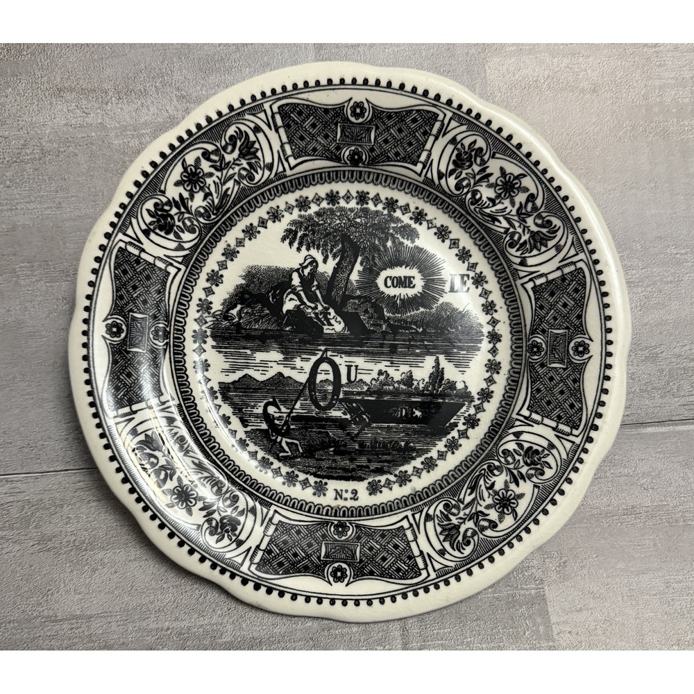 Vintage GIEN France Black Rebus Picture Puzzle 8" Plate Transferware #2